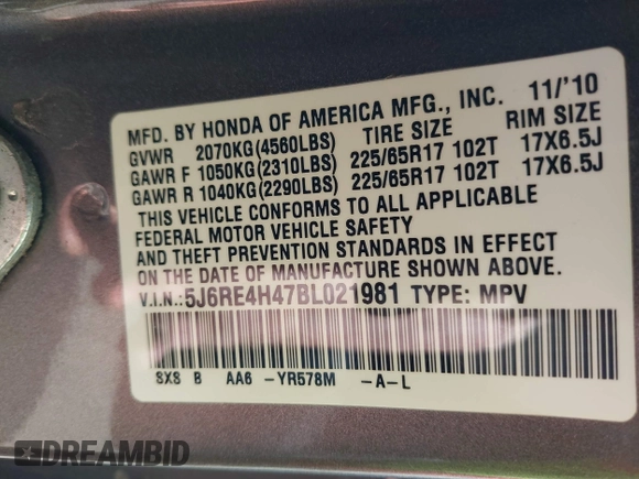 2011 Honda CR-V SE with VIN 5J6RE4H47BL021981, listed as a IAAI auction lot 42193110 with 192,863 mi miles and . Bid and sale history available at DreamBid. Image 9.