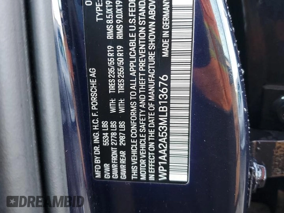 2021 Porsche Macan with VIN WP1AA2A53MLB13676, listed as a Copart auction lot 52033765 with Not Provided miles and Non Repairable. Bid and sale history available at DreamBid. Image 14.