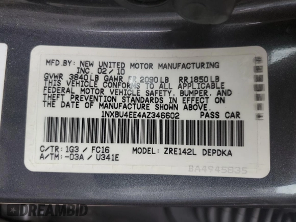 2010 Toyota Corolla with VIN 1NXBU4EE4AZ346602, listed as a Copart auction lot 48737024 with 157,786 mi miles and Clean Title. Bid and sale history available at DreamBid. Image 14.