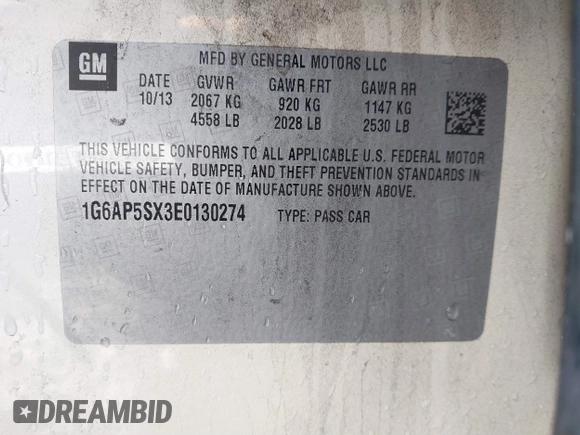 2014 Cadillac CTS Sedan RWD with VIN 1G6AP5SX3E0130274, listed as a IAAI auction lot 41293553 with 138,524 mi miles. Bid and sale history available at carsss.com. Image 9.