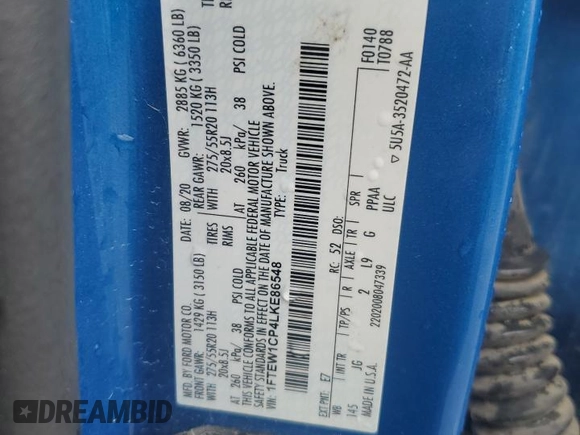 2020 Ford F-150 XL with VIN 1FTEW1CP4LKE86548, listed as a Copart auction lot 56397355 with 99,229 mi miles and Salvage title. Bid and sale history available at DreamBid. Image 12.