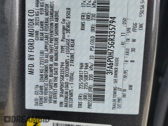 2016 Ford Fusion SE with VIN 3FA6P0H75GR335794, listed as a Copart auction lot 60722205 with 96,429 mi miles and Salvage title. Bid and sale history available at DreamBid. Image 12.
