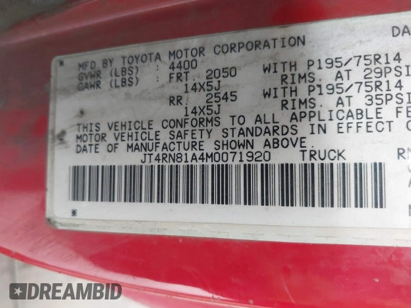 1991 Toyota Pickup with VIN JT4RN81A4M0071920, listed as a IAAI auction lot 42657768 with 257,702 mi miles and . Bid and sale history available at DreamBid. Image 9.