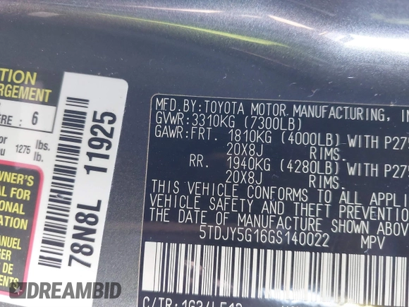 2016 Toyota Sequoia Limited with VIN 5TDJY5G16GS140022, listed as a IAAI auction lot 40995557 with 116,032 mi miles. Bid and sale history available at carsss.com. Image 9.