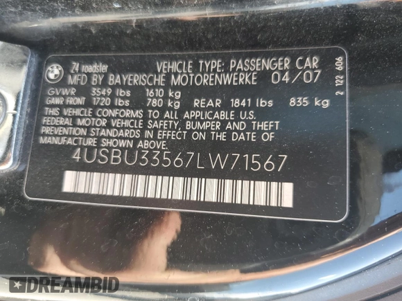 2007 BMW Z4 3.0i with VIN 4USBU33567LW71567, listed as a Copart auction lot 56680695 with 95,138 mi miles and Salvage title. Bid and sale history available at DreamBid. Image 13.