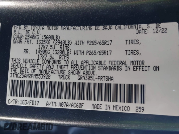 2023 Toyota Tacoma SR with VIN 3TMCZ5AN2PM553928, listed as a IAAI auction lot 40999044 with 9,210 mi miles and . Bid and sale history available at DreamBid. Image 9.