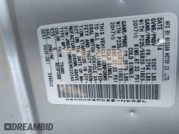 2014 Nissan Murano S with VIN JN8AZ1MW0EW520240, listed as a IAAI auction lot 41338573 with Not Provided miles. Bid and sale history available at carsss.com. Image 9.