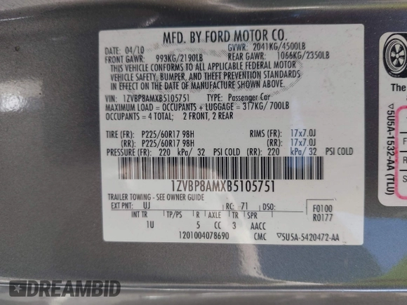 2011 Ford Mustang V6 z VIN 1ZVBP8AMXB5105751, wystawiony jako IAAI lot #42104899 z przebiegiem 70 178 mil mil oraz . Historia ofert i sprzedaży dostępna na DreamBid. Obrazek 9.