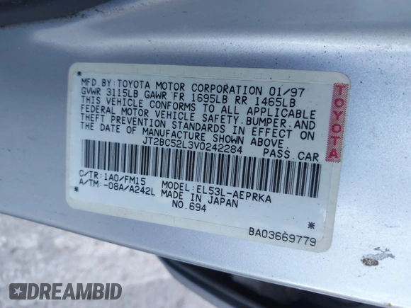 1997 Toyota Tercel DX z VIN JT2BC52L3V0242284, wystawiony jako IAAI lot #41736573 z przebiegiem 65 264 mil mil oraz . Historia ofert i sprzedaży dostępna na DreamBid. Obrazek 9.