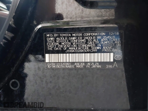 2019 Lexus IS 300 with VIN JTHBA1D26K5091299, listed as a IAAI auction lot 42348829 with 116,508 mi miles and . Bid and sale history available at DreamBid. Image 9.