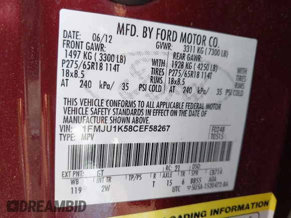 2012 Ford Expedition Limited с VIN 1FMJU1K58CEF58267, выставлен на аукционе IAAI как лот 42560248 с пробегом 245 829 миль миль и . История ставок и продаж доступна на DreamBid. Изображение 9.