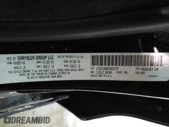 2015 Chrysler 200 Limited with VIN 1C3CCCAB6FN622737, listed as a Copart auction lot 87757005 with 87,732 mi miles and Non Repairable. Bid and sale history available at carsss.com. Image 12.