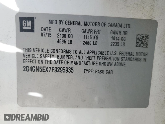 2015 Buick Regal Premium I with VIN 2G4GN5EX7F9295935, listed as a Copart auction lot 52959845 with 104,739 mi miles and Clean Title. Bid and sale history available at carsss.com. Image 12.