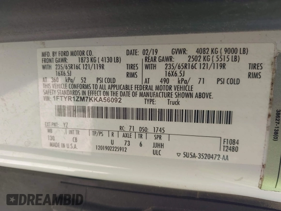 2019 Ford Transit with VIN 1FTYR1ZM7KKA56092, listed as a IAAI auction lot 42245105 with 141,249 mi miles and . Bid and sale history available at DreamBid. Image 9.