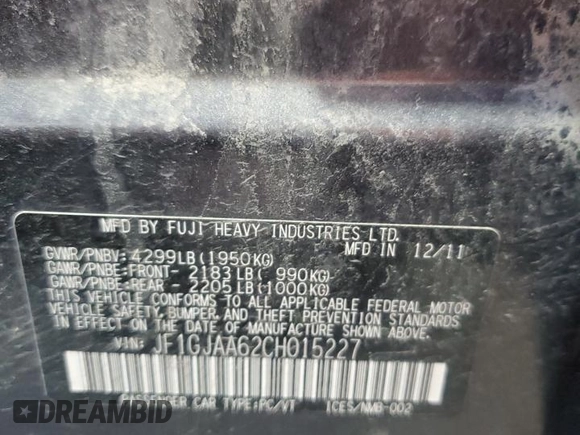 2012 Subaru Impreza 2.0i z VIN JF1GJAA62CH015227, wystawiony jako Copart lot #58994875 z przebiegiem 130 993 mil mil oraz Szkoda całkowita • Salvage title. Historia ofert i sprzedaży dostępna na DreamBid. Obrazek 12.