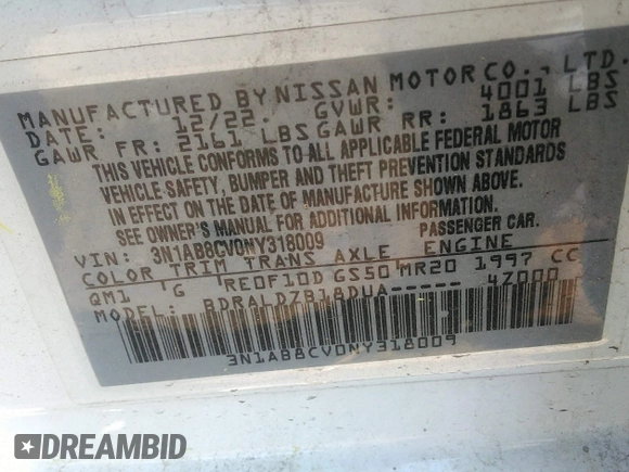 2022 Nissan Sentra SV with VIN 3N1AB8CV0NY318009, listed as a IAAI auction lot 41971398 with 66,722 mi miles and . Bid and sale history available at DreamBid. Image 9.