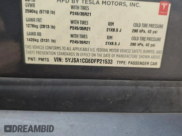2013 Tesla Model S с VIN 5YJSA1CG6DFP21533, выставлен на аукционе Copart как лот 60850815 с пробегом 24 220 миль миль и На запчасти • Non repairable. История ставок и продаж доступна на DreamBid. Изображение 12.