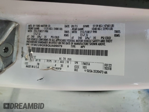 2016 Ford Escape SE с VIN 1FMCU9GX8GUA99979, выставлен на аукционе Copart как лот 57623295 с пробегом 124 813 миль миль и Списание • Salvage title. История ставок и продаж доступна на DreamBid. Изображение 14.
