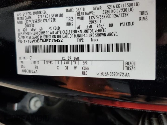 2018 Ford F-350 XL with VIN 1FT8W3BT8JEC75422, listed as a Copart auction lot 53112185 with 97,826 mi miles and Salvage Title. Bid and sale history available at DreamBid. Image 12.