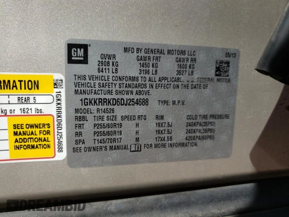 2013 GMC Acadia SLT with VIN 1GKKRRKD6DJ254688, listed as a Copart auction lot 51687755 with 146,653 mi miles and Salvage Title. Bid and sale history available at carsss.com. Image 13.