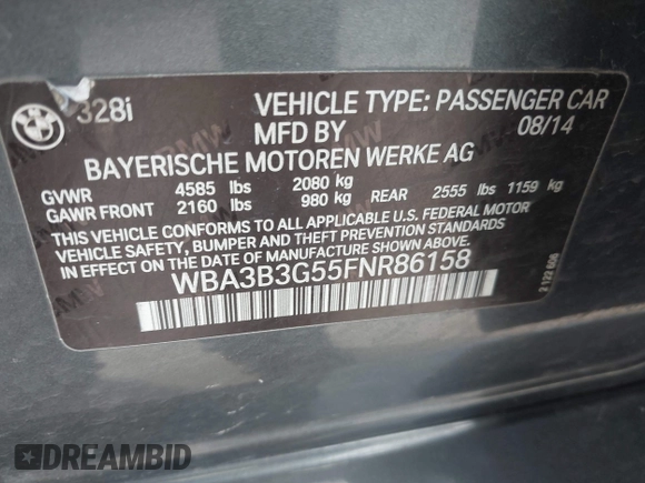 2015 BMW 3 Series 328i xDrive with VIN WBA3B3G55FNR86158, listed as a IAAI auction lot 42021074 with 110,009 mi miles and . Bid and sale history available at DreamBid. Image 9.