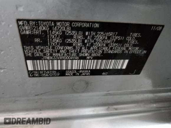 2009 Toyota RAV4 with VIN JTMBK33VX9D004946, listed as a Copart auction lot 45813585 with 161,124 mi miles and Salvage Title. Bid and sale history available at carsss.com. Image 14.