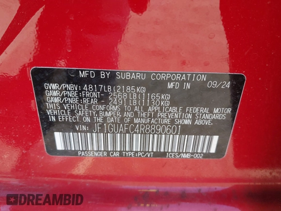 2024 Subaru Impreza Sport with VIN JF1GUAFC4R8890601, listed as a IAAI auction lot 41893643 with 1,372 mi miles. Bid and sale history available at carsss.com. Image 9.