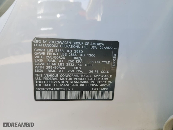2022 Volkswagen Atlas Cross Sport 2.0T SE w/Technology with VIN 1V2KC2CA1NC220073, listed as a Copart auction lot 43833335 with 70,670 mi miles and Salvage Title. Bid and sale history available at carsss.com. Image 13.