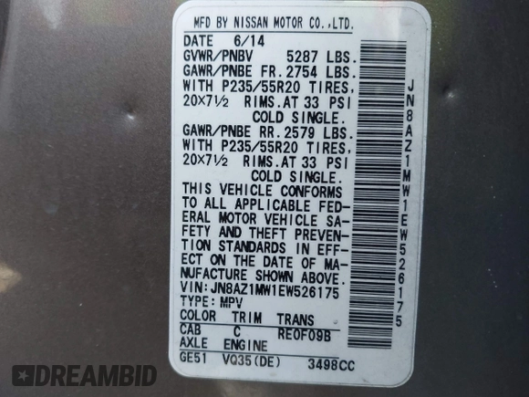 2014 Nissan Murano SL z VIN JN8AZ1MW1EW526175, wystawiony jako IAAI lot #41660535 z przebiegiem 111 621 mil mil oraz . Historia ofert i sprzedaży dostępna na DreamBid. Obrazek 9.