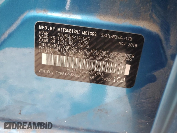 2019 Mitsubishi Mirage ES z VIN ML32F3FJ5KHF05583, wystawiony jako Copart lot #55788495 z przebiegiem 74 712 mil mil oraz Szkoda całkowita • Salvage title. Historia ofert i sprzedaży dostępna na DreamBid. Obrazek 13.