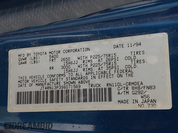 1995 Toyota Pickup с VIN JT4RN13P3S6071569, выставлен на аукционе IAAI как лот 41713298 с пробегом 233 817 миль миль и . История ставок и продаж доступна на DreamBid. Изображение 9.