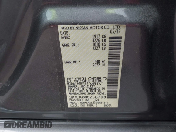 2017 Nissan Altima SV with VIN 1N4AL3APXHC256798, listed as a IAAI auction lot 42128003 with 137,249 mi miles and . Bid and sale history available at carsss.com. Image 9.