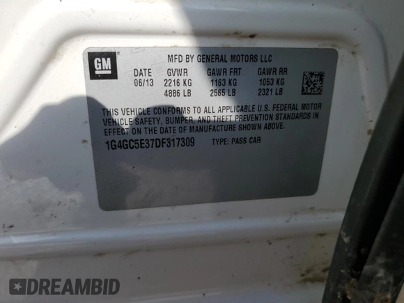 2013 Buick LaCrosse Leather with VIN 1G4GC5E37DF317309, listed as a Copart auction lot 61252545 with 199,316 mi miles and Salvage title. Bid and sale history available at DreamBid. Image 12.
