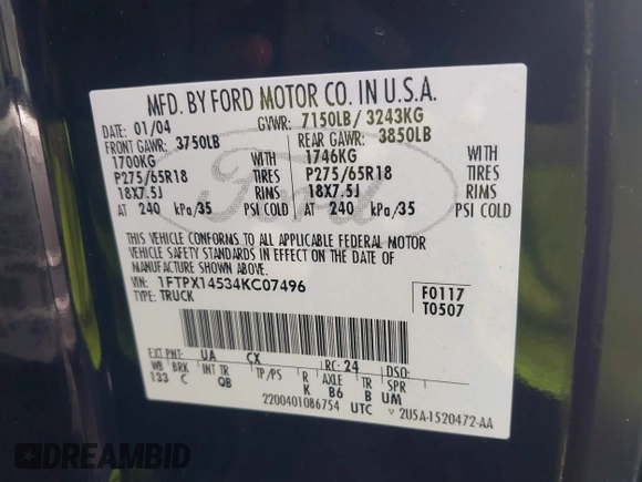 2004 Ford F-150 XLT с VIN 1FTPX14534KC07496, выставлен на аукционе IAAI как лот 42197284 с пробегом 295 293 миль миль и . История ставок и продаж доступна на DreamBid. Изображение 9.