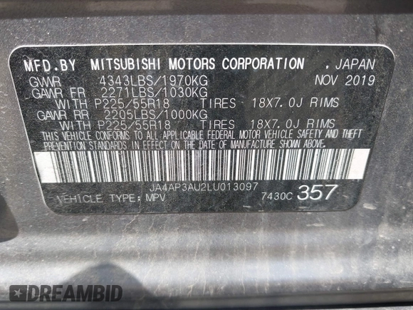 2020 Mitsubishi Outlander ES with VIN JA4AP3AU2LU013097, listed as a IAAI auction lot 42517907 with 47,549 mi miles and . Bid and sale history available at DreamBid. Image 9.