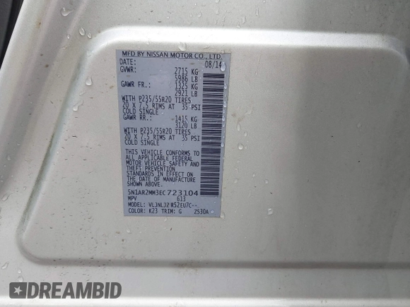 2014 Nissan Pathfinder Platinum with VIN 5N1AR2MM3EC723104, listed as a IAAI auction lot 41903560 with 159,416 mi miles and . Bid and sale history available at DreamBid. Image 9.