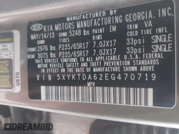 2014 Kia Sorento LX with VIN 5XYKTDA62EG470719, listed as a IAAI auction lot 41804962 with 108,838 mi miles and . Bid and sale history available at carsss.com. Image 9.
