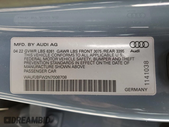 2022 Audi e-tron GT Premium Plus z VIN WAUFJBFW2N7008708, wystawiony jako Copart lot #47915324 z przebiegiem 27 193 mil mil oraz . Historia ofert i sprzedaży dostępna na DreamBid. Obrazek 12.