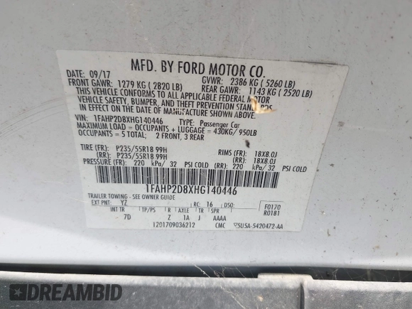 2017 Ford Taurus SE with VIN 1FAHP2D8XHG140446, listed as a IAAI auction lot 42000340 with 128,057 mi miles and . Bid and sale history available at DreamBid. Image 9.