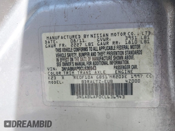 2012 Nissan Sentra S with VIN 3N1AB6AP0CL636943, listed as a IAAI auction lot 42169782 with 132,781 mi miles and . Bid and sale history available at DreamBid. Image 9.