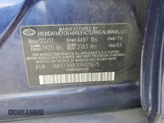 2012 Hyundai Sonata Limited with VIN 5NPEC4AB3CH425675, listed as a Copart auction lot 56208204 with Not Provided miles and Non Repairable. Bid and sale history available at DreamBid. Image 12.