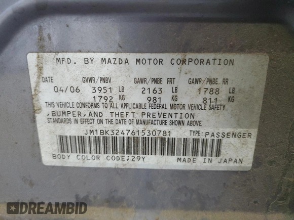 2006 Mazda 3 s with VIN JM1BK324761530781, listed as a Copart auction lot 54879895 with 163,441 mi miles and Salvage Title. Bid and sale history available at DreamBid. Image 12.
