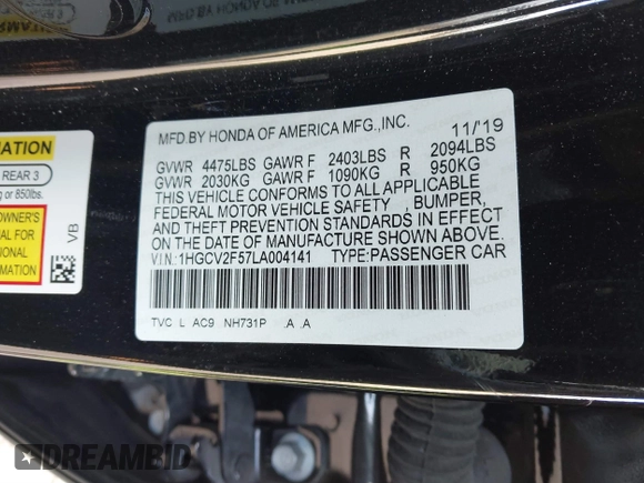 2020 Honda Accord EX-L with VIN 1HGCV2F57LA004141, listed as a IAAI auction lot 41378271 with 105,351 mi miles and . Bid and sale history available at DreamBid. Image 9.