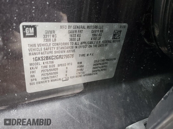 2016 GMC Yukon SLT with VIN 1GKS2BKC2GR279578, listed as a Copart auction lot 44547515 with 78,544 mi miles and Salvage Title. Bid and sale history available at DreamBid. Image 15.
