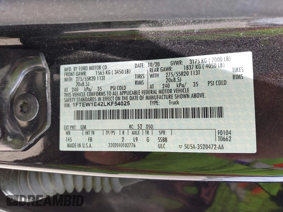 2020 Ford F-150 XL z VIN 1FTEW1E42LKF54025, wystawiony jako IAAI lot #42057516 z przebiegiem 58 726 mil mil oraz . Historia ofert i sprzedaży dostępna na DreamBid. Obrazek 9.