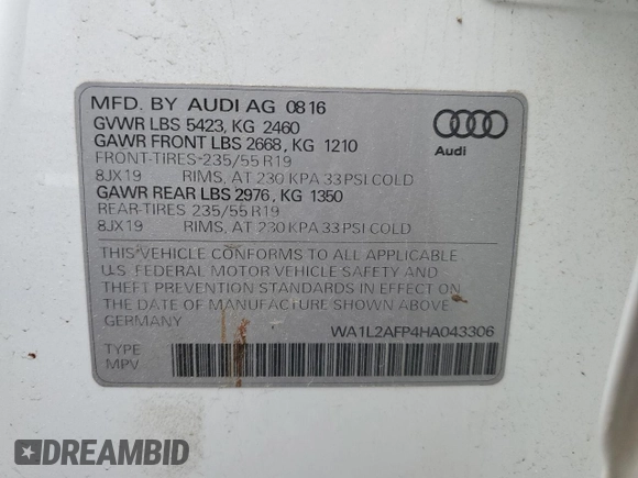 2017 Audi Q5 Premium Plus z VIN WA1L2AFP4HA043306, wystawiony jako Copart lot #56763905 z przebiegiem 66 692 mil mil oraz Szkoda całkowita • Salvage title. Historia ofert i sprzedaży dostępna na DreamBid. Obrazek 12.
