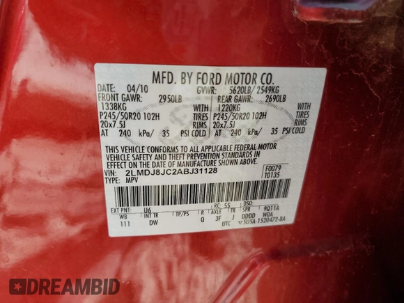 2010 Lincoln MKX with VIN 2LMDJ8JC2ABJ31128, listed as a Copart auction lot 41861205 with 56,661 mi miles and Salvage Title. Bid and sale history available at DreamBid. Image 14.