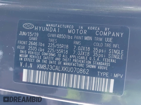 2019 Hyundai Tucson Ultimate with VIN KM8J3CALXKU070862, listed as a IAAI auction lot 41148707 with 88,946 mi miles. Bid and sale history available at carsss.com. Image 9.