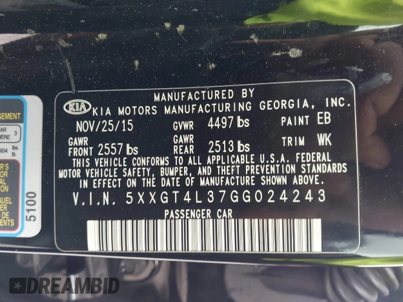 2016 Kia Optima LX with VIN 5XXGT4L37GG024243, listed as a IAAI auction lot 42098585 with 108,777 mi miles. Bid and sale history available at carsss.com. Image 9.