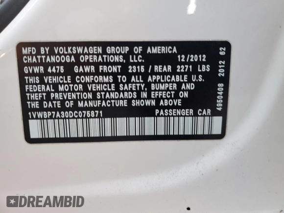 2013 Volkswagen Passat SE w/Sunroof with VIN 1VWBP7A30DC075871, listed as a Copart auction lot 42301085 with 178,034 mi miles and Clean Title. Bid and sale history available at carsss.com. Image 12.